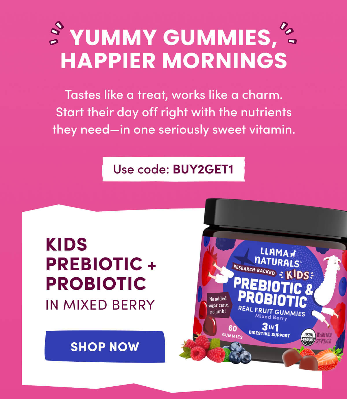 YUMMY GUMMIES, HAPPIER MORNINGS | Tastes like a treat, works like a charm. Start their day off right with the nutrients they need—in one seriously sweet vitamin. Use code: BUY2GET1 | Kids Prebiotic + Probiotic in Mixed Berry | [ SHOP NOW ]