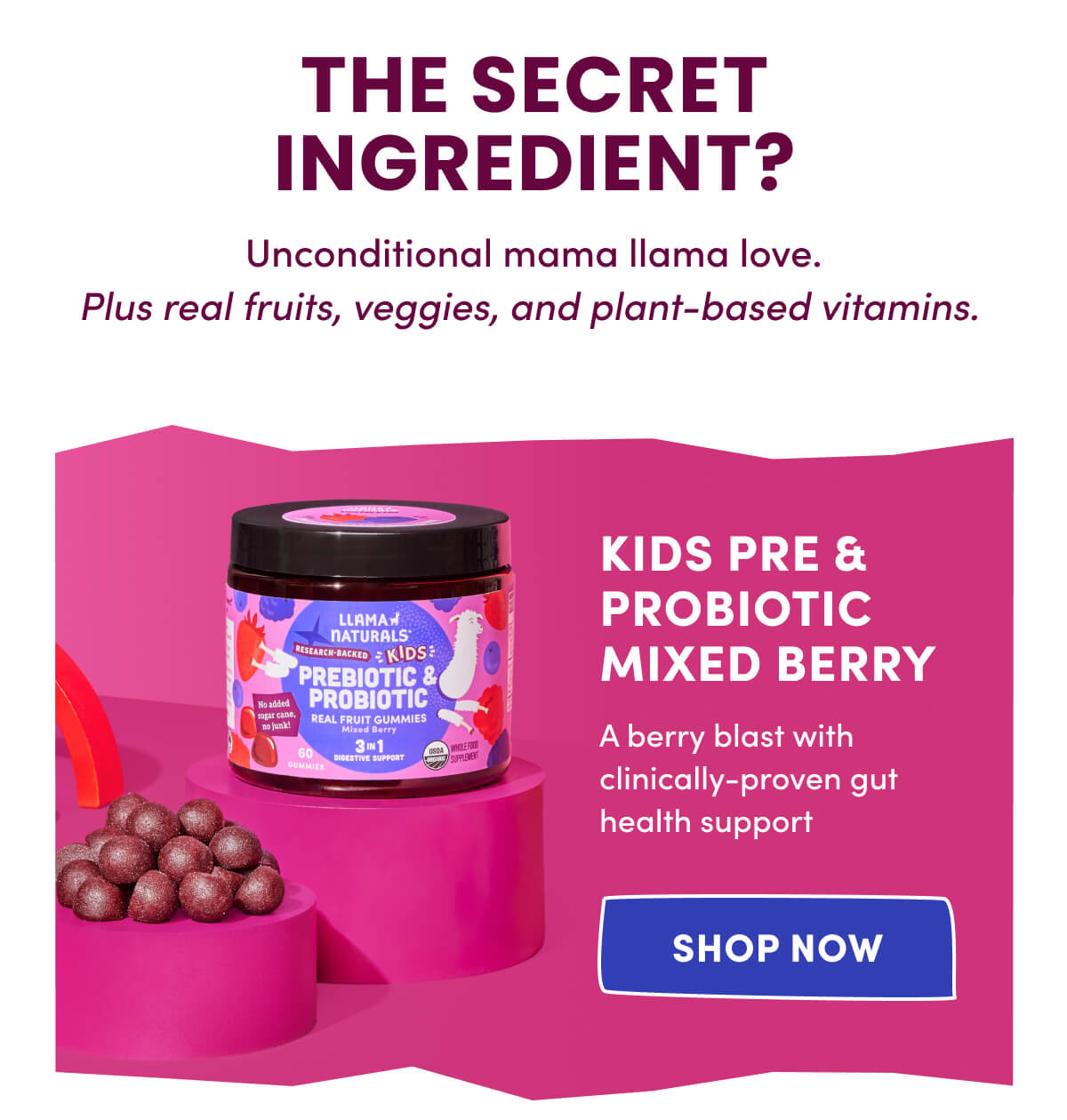 THE SECRET INGREDIENT? | Unconditional mama llama love. Plus real fruits, veggies, and plant-based vitamins. | KIDS PRE & PROBIOTIC MIXED BERRY | A berry blast with clinically-proven gut health support | [ SHOP NOW ]