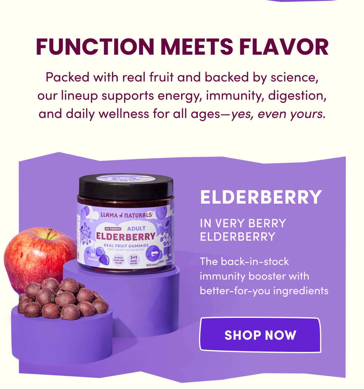 FUNCTION MEETS FLAVOR | Packed with real fruit and backed by science, our lineup supports energy, immunity, digestion, and daily wellness for all ages—yes, even yours. | ELDERBERRY IN VERY BERRY ELDERBERRY | The back-in-stock immunity booster with better-for-you ingredients | [ SHOP NOW ]