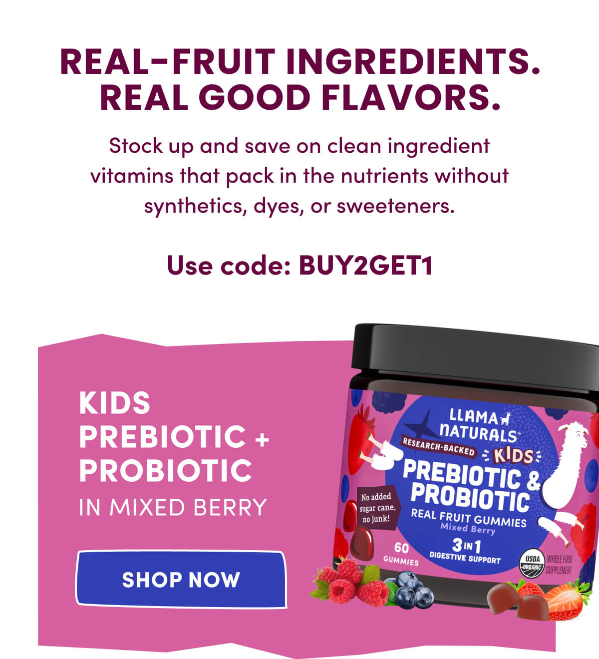 REAL-FRUIT INGREDIENTS. REAL GOOD FLAVORS. | Stock up and save on clean ingredient vitamins that pack in the nutrients without synthetics, dyes, or sweeteners. | Use code: BUY2GET1 | KIDS PREBIOTIC + PROBIOTIC IN MIXED BERRY | [ SHOP NOW ]