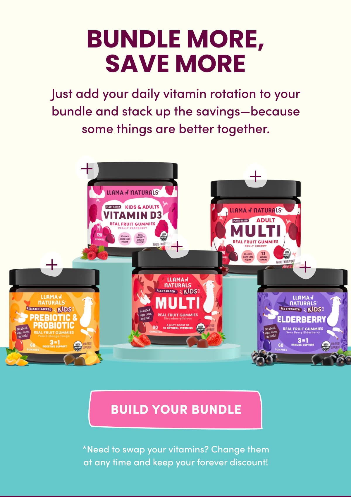 BUNDLE MORE, SAVE MORE | Just add your daily vitamin rotation to your bundle and stack up the savings—because some things are better together. | BUILD YOUR BUNDLE | *Need to swap your vitamins? Change them at any time and keep your forever discount!