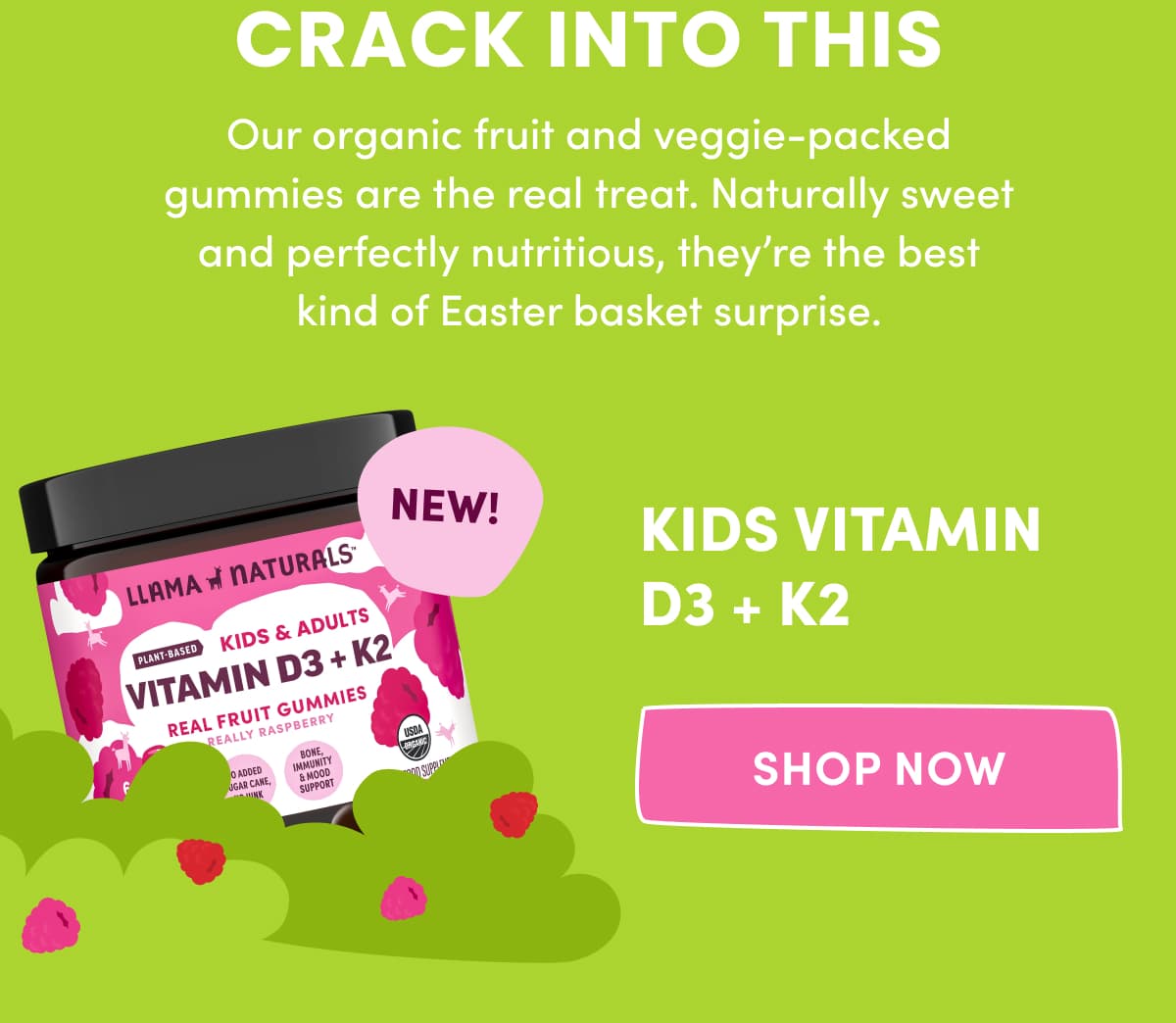 CRACK INTO THIS | Our organic fruit and veggie-packed gummies are the real treat. Naturally sweet and perfectly nutritious, they're the best kind of Easter basket surprise. | KIDS VITAMIN D3 + K2 | shop now