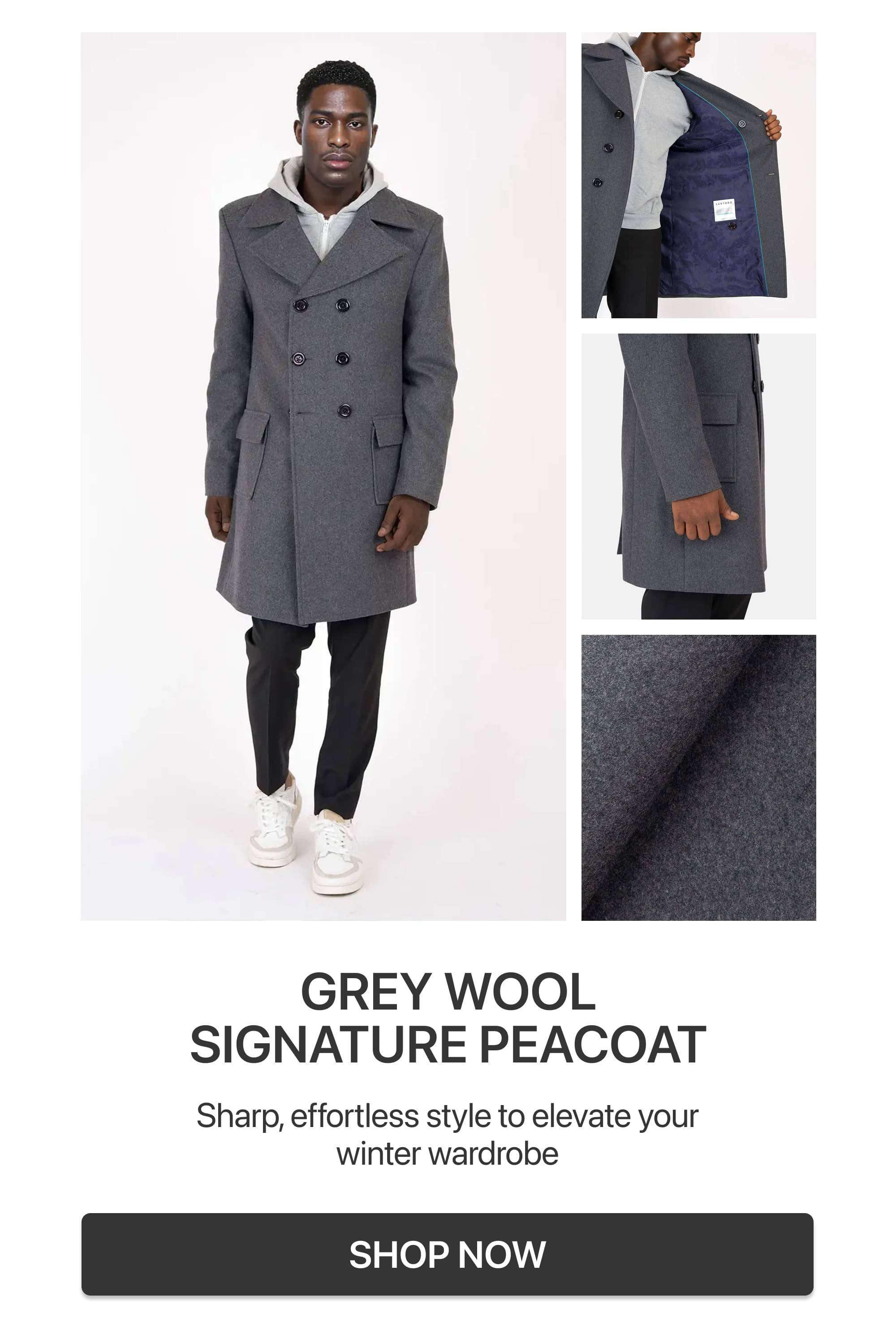 GREY WOOL SIGNATURE PEACOAT
