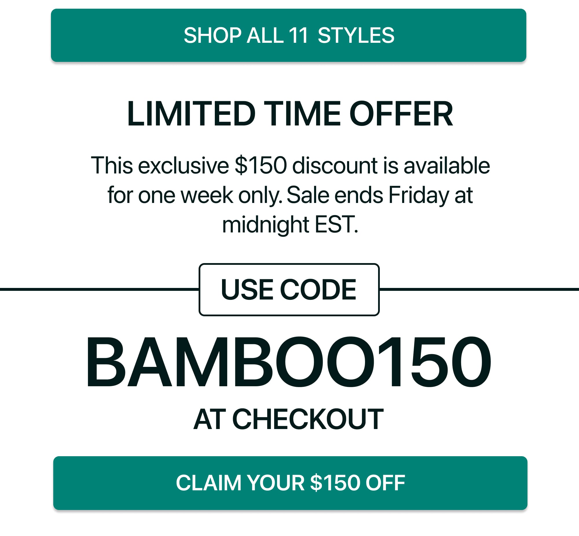 Use code: BAMBOO150 at checkout