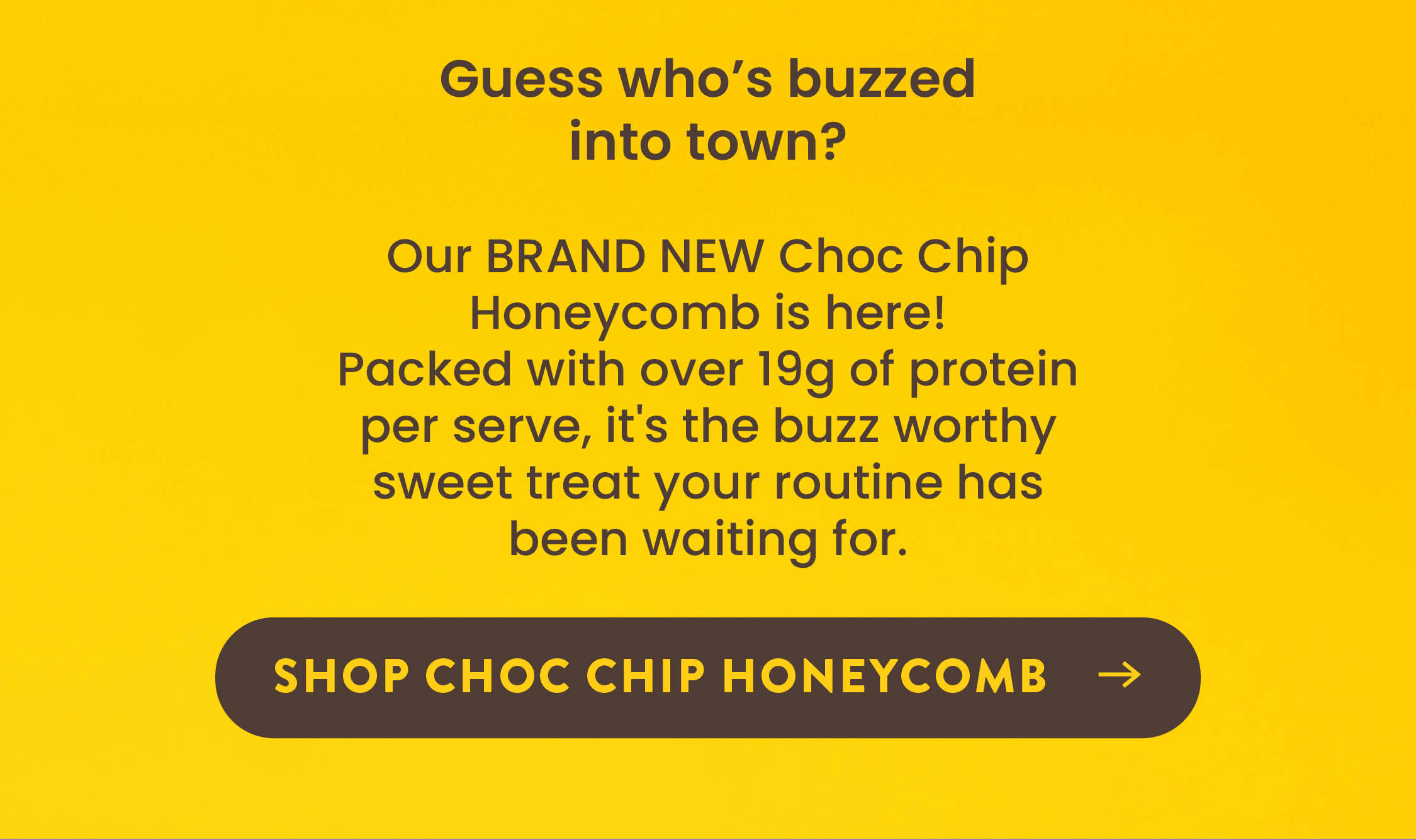 Guess who's buzzed into town? Our BRAND NEW Choc Chip Honeycomb is here!  Packed with over 19g of protein per serve, it's the buzz worthy  sweet treat your routine has been waiting for.  SHOP CHOC CHIP HONEYCOMB 
