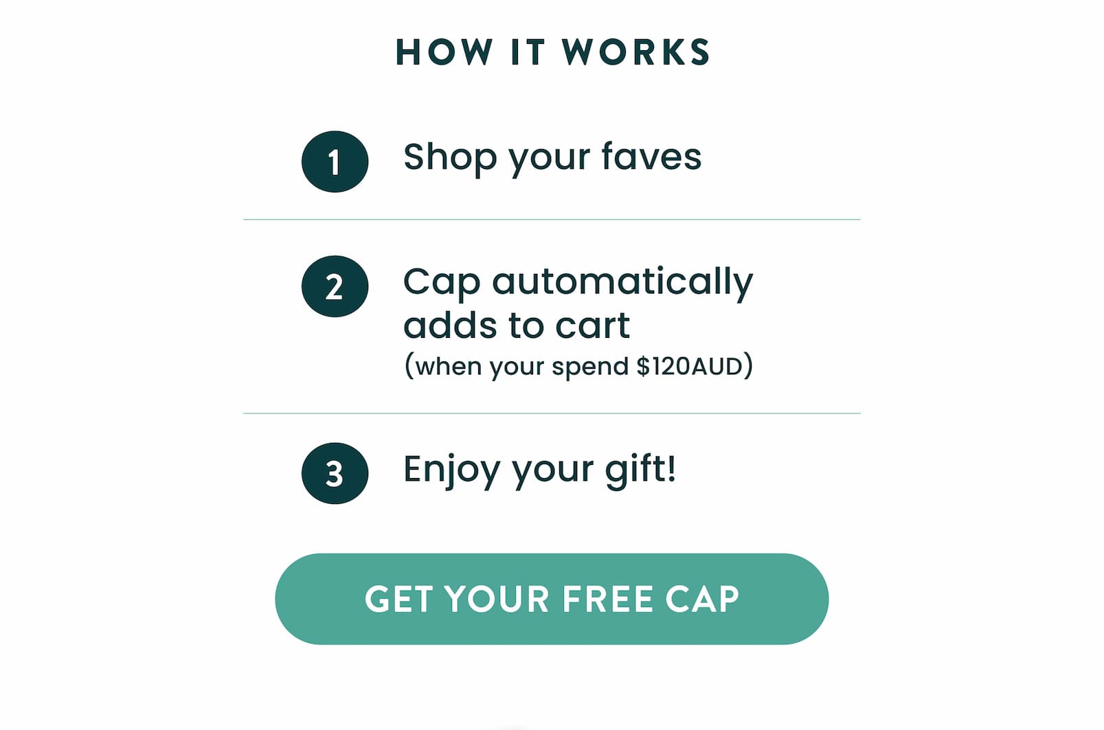 HURRY, LIMITED TIME ONLY!    FREE HAPPY WAY CAP  With orders over $120AUD  CLAIM YOUR GIFT  CTA   The perfect haul should  come with a cherry on top  (or in this case, a cap!)  For a limited time only, receive a FREE Treat  Yourself Cap when you spend over $120AUD.   HOW IT WORKS  🧢 Shop your faves