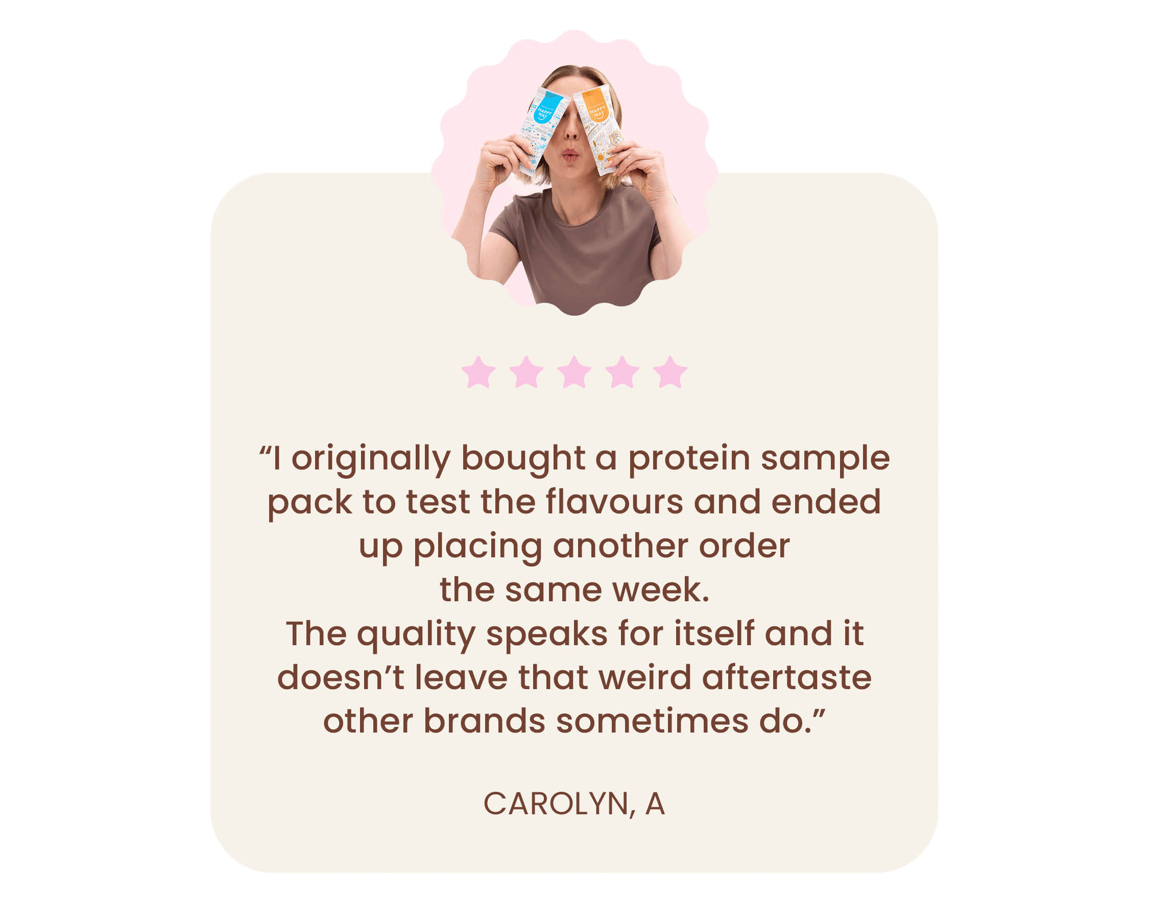 "I originally bought a protein sample pack to test the flavours and  ended up placing another order the same week. The quality  speaks for itself and it doesn't leave that weird aftertaste  other brands sometimes do." - CAROLYN, A 
