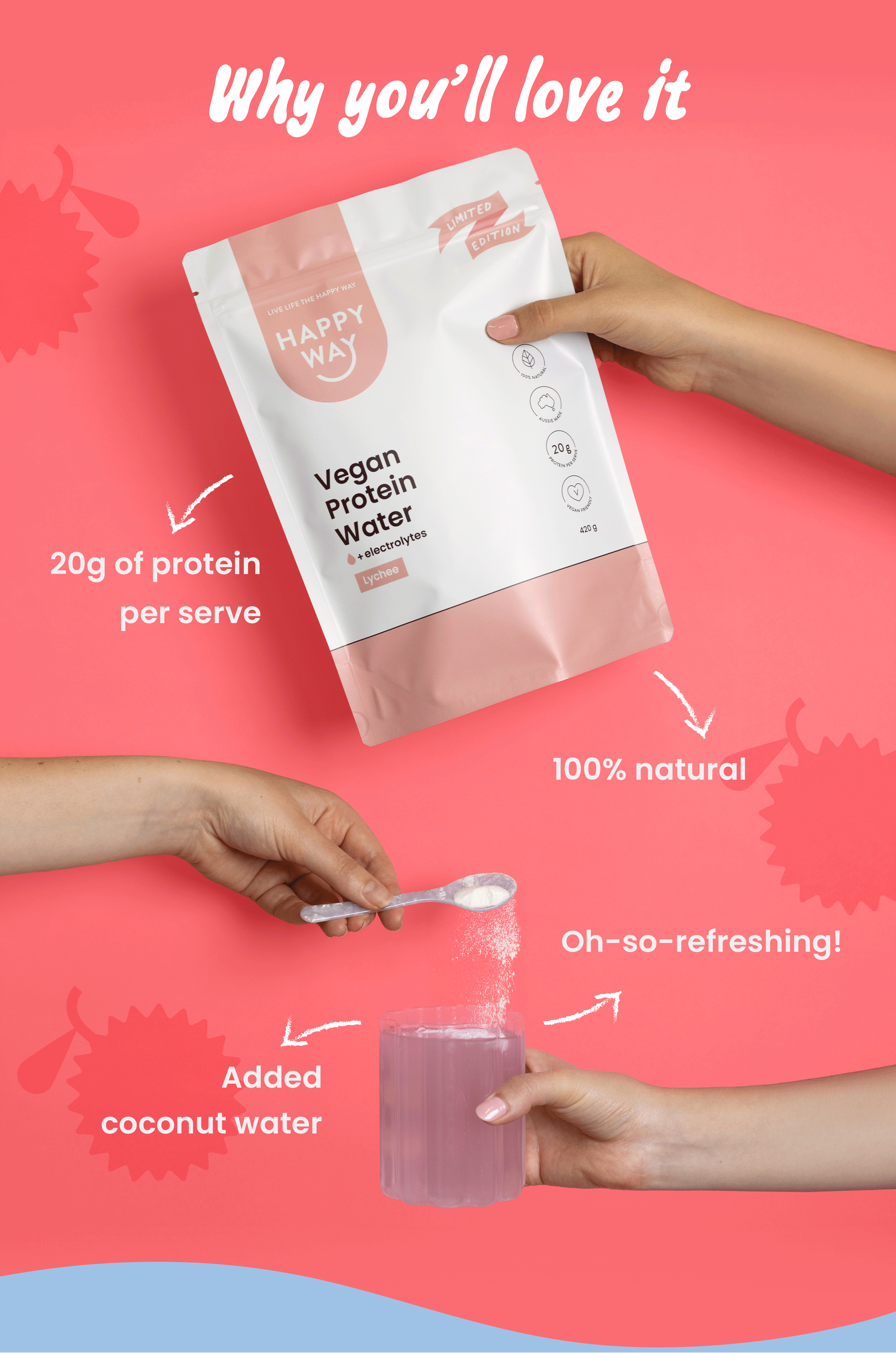 WHY YOU'LL LOVE IT  20g of protein per serve Oh-so-refreshing!  Added coconut water  100% natural   Hurry, this flavour won't stick around forever  (unless you beg for it to stay  👀)  Love, Happy Way xx  