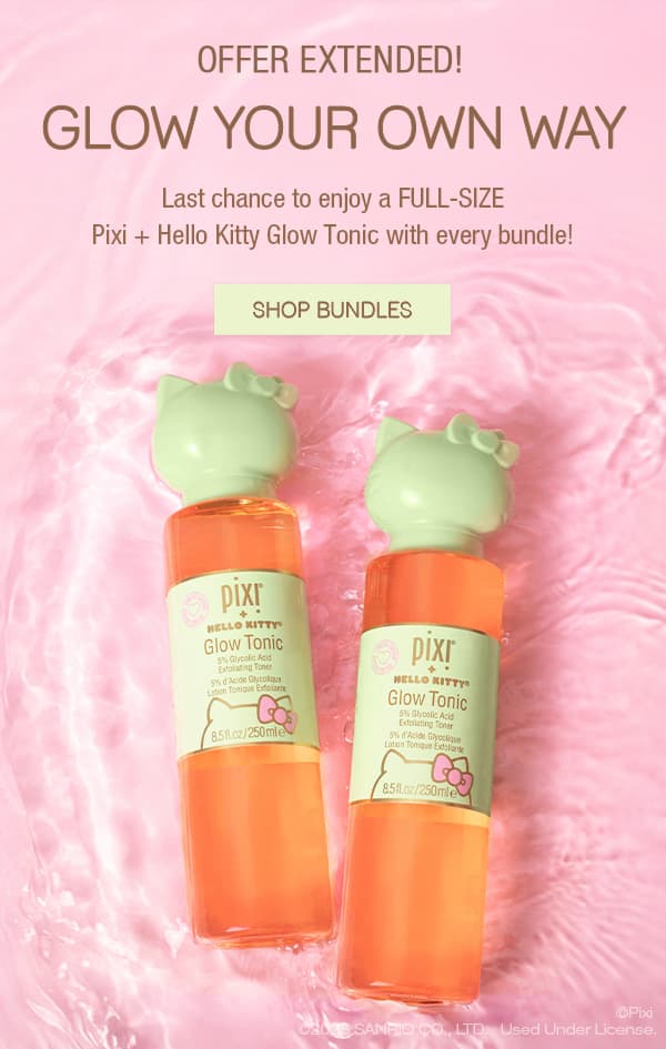Enjoy a FULL-SIZE Pixi + Hello Kitty Glow Tonic with every bundle!