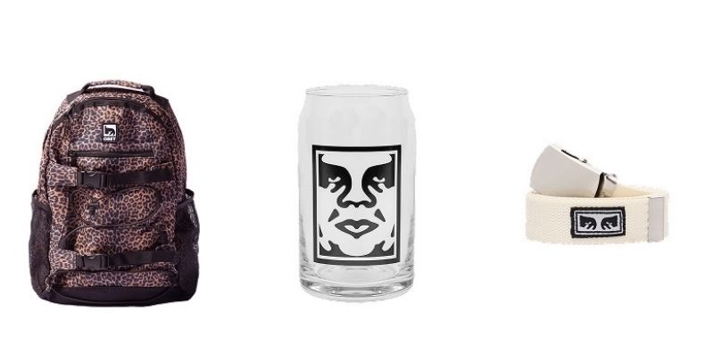 A collage of Obey accessories