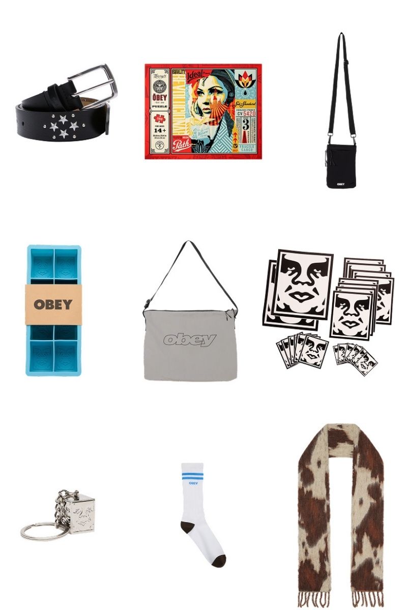 A collage of Obey accessories