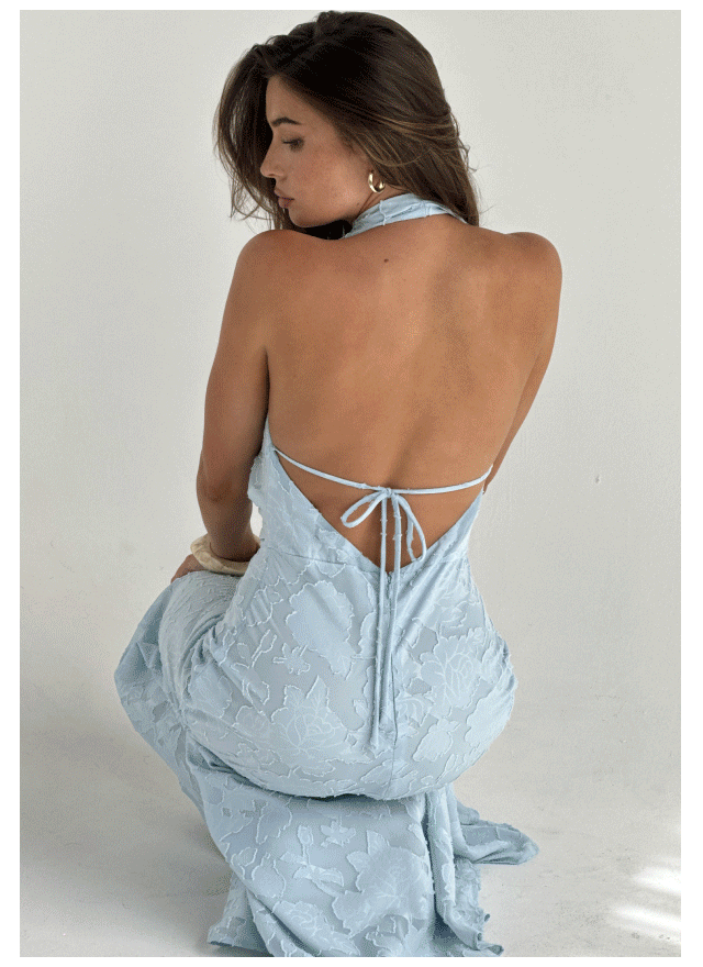 Invisible String Cowl Plunge Backless Maxi Dress Light Blue