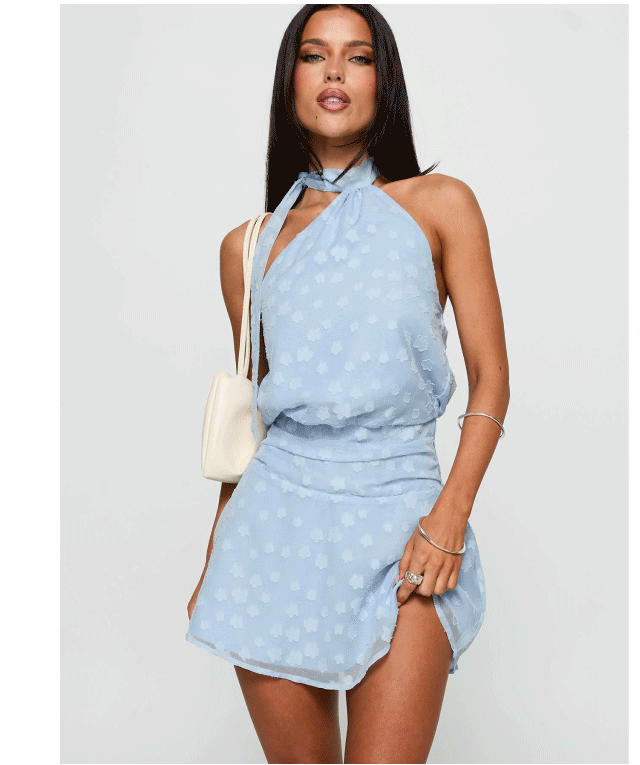 Eurythmic Scarf Halter Mini Dress Blue Jacquard