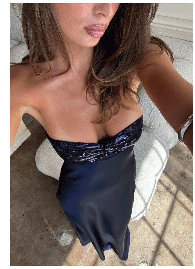 See The Vision Sequin Bust Strapless Maxi Dress Navy