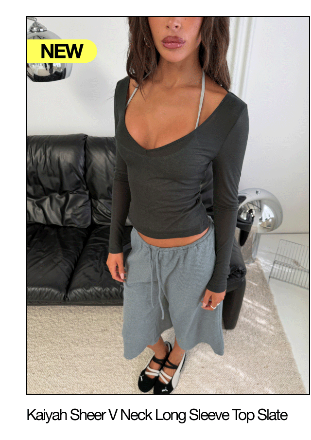 Kaiyah Sheer V Neck Long Sleeve Top Slate