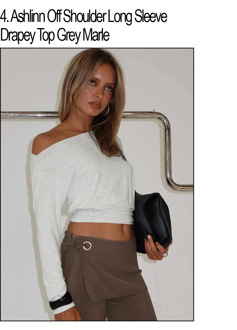 Ashlinn Off Shoulder Long Sleeve Drapey Top Grey Marle