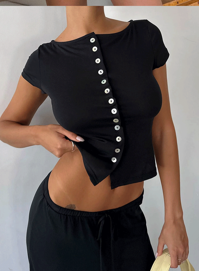 Angellina Jersey Button Down Top Black