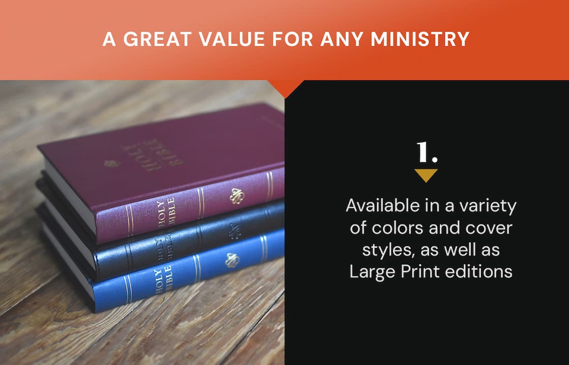Churches want every person who walks through their doors to encounter God’s Word—but providing quality Bibles for worship services and outreach can quickly become expensive.  The ESV Church Bible offers a simple solution. Designed specifically for congregational use, it combines a durable cover with an affordable price, making it easy for churches to keep Bibles in the pews, welcome visitors with a thoughtful gift, or distribute Scripture widely in their community.  Equip your church with reliable, readable copies of God’s Word so that every service, every guest, and every ministry moment points people back to the Bible.