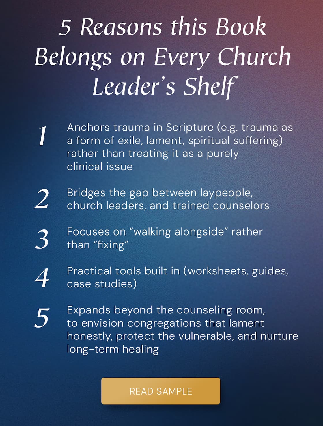Every Sunday, men and women scarred by crises and betrayals worship among us. Our Lord not only calls us to help them but equips us to do so. Out of her careful study of Scripture and years of counseling experience, Darby Strickland has written a comprehensive resource to help counselors, church leaders, and laypeople understand the unique wounds of trauma—and then come alongside sufferers with effective, thoughtful care that shows the love of Christ. You’ll learn how to identify and name common wounds of trauma (physical anguish, shame, hypervigilance, reexperienced trauma, avoidance, faith questions) so people feel understood. use gentle discovery questions and reflection prompts to listen well, pace your care, and avoid further injuring sufferers. shape church communities that lament honestly, protect the vulnerable, and patiently encourage restoration and healing. Also includes reproducible worksheet, guide to medical referrals, and case studies.