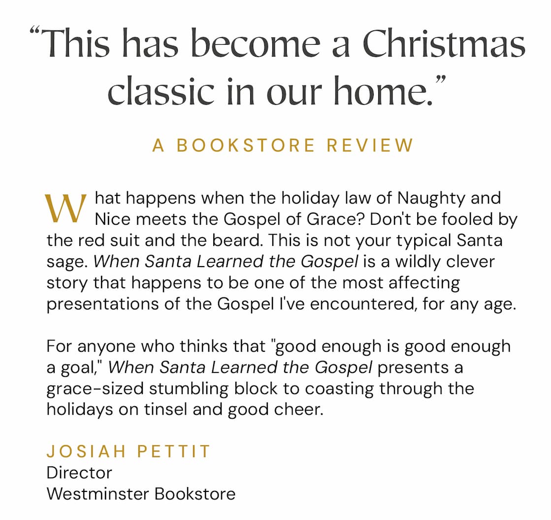 When Santa learned the gospel, he first heard it from an elf. This tiny Santa's helper had just learned of it herself. A child had asked for Christmas to receive a Bible book This elf had made one in the shop, then paused to have a look. Follow Santa's journey in this unique Christmas fable as he learns about Jesus' message of grace and discovers what it means for both the naughty and the nice.