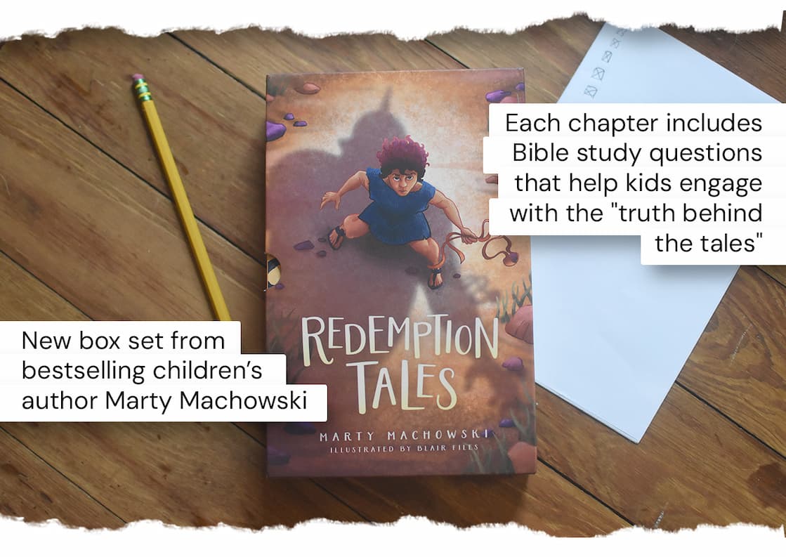 The Redemption Tales series by best-selling children's author Marty Machowski offers a creative presentation of the gospel message by inviting middle-grade readers (ages 8-12) to join the fictional animals who could have witnessed the biggest events of the Bible throughout the Old and New Testaments.  Each book in this four-volume set includes seven stories for a total of twenty-eight retellings from Genesis to Revelation. This set includes The Shadow and the Promise (Book 1), The Prophecy and the Hope (Book 2), The Light and the Life (Book 3), and The Death and the Victory (Book 4).  Each chapter includes Bible study questions that help kids engage with the "truth behind the tales," while offering a fresh perspective on God's overarching story of redemption throughout Scripture. Accompanied by illustrations from Blair Files, the series invites readers to see familiar biblical events in a new and imaginative way.