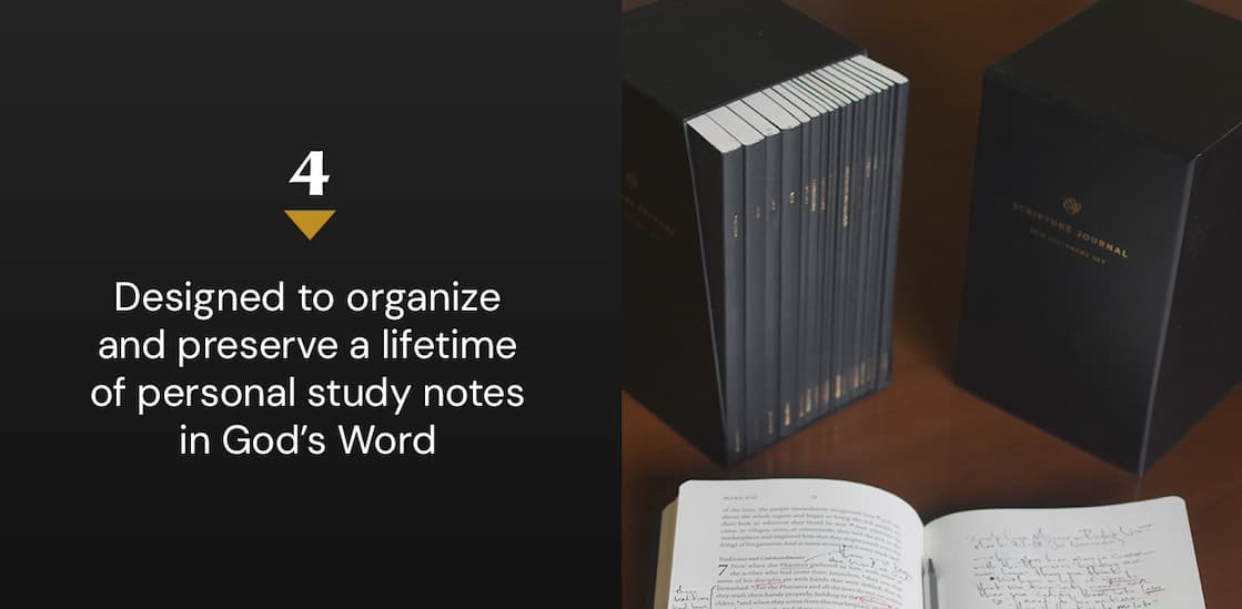 Capture and preserve your personal study notes with the ESV Scripture Journals. Each of the 45 volumes contains the complete ESV text with wide, lined margins and blank pages for notes, prayers, and reflections. Printed on premium paper and available in a variety of beautifully designed editions, these journals are perfect for recording sermon insights, memorization work, or a lifetime of study. Over time, your set will become a personalized, verse-by-verse commentary to deepen your love for and understanding of God’s Word.