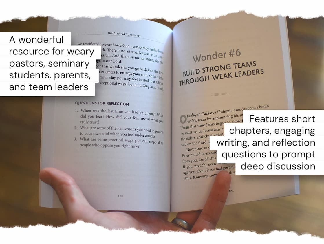 When you signed on for ministry leadership, you didn't realize there would be a clause. The suffering and sadness, fatigue and feebleness, troubles and trauma, are all a part of a conspiracy. The author calls it The Clay Pot Conspiracy Our weakness + God's power = Resilient ministry. It is God's plan to use what we lack to build perseverance and press us to embody the gospel we preach.  Based on his extensive experience in ministry, Harvey unravels the conspiracy, helping readers understand how God is magnified and his grace is displayed in our response to weakness. Combining Scripture, gripping stories, and practical tools, he takes leaders on an exploration of seven surprising wonders within God's plan, covering areas such as how God uses loss to bring life, the role of enemies, importing weakness into your team culture, and above all, dependence upon Christ. Each person's story in ministry is different, yet the goal remains the same: To draw back the curtain on God's plan to help you embody the gospel.
