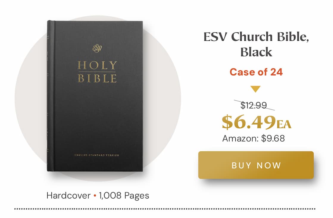 Churches want every person who walks through their doors to encounter God’s Word—but providing quality Bibles for worship services and outreach can quickly become expensive.  The ESV Church Bible offers a simple solution. Designed specifically for congregational use, it combines a durable cover with an affordable price, making it easy for churches to keep Bibles in the pews, welcome visitors with a thoughtful gift, or distribute Scripture widely in their community.  Equip your church with reliable, readable copies of God’s Word so that every service, every guest, and every ministry moment points people back to the Bible.