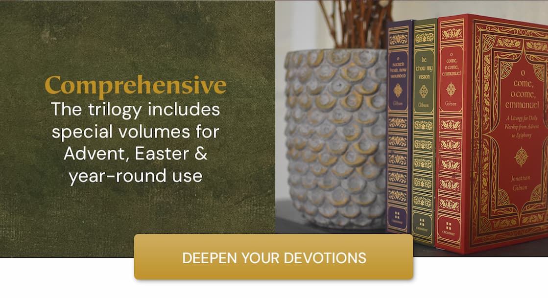 Enrich your rhythm of worship and deepen your journey through the church year with this elegant set of three liturgical devotionals. Each volume offers a rich structure of Scripture readings, historic prayers, hymns, creeds, and guided reflection, designed for daily use, family devotion, or personal meditation. Whether you are moving through ordinary time, preparing for God’s coming, or meditating on Christ’s passion and resurrection, these resources help you build a life shaped by the gospel. Thoughtfully composed and beautifully bound, this set invites you to view the calendar as sacred, to keep Christ at the center of every season, and to cultivate a steady heart of worship all year long.