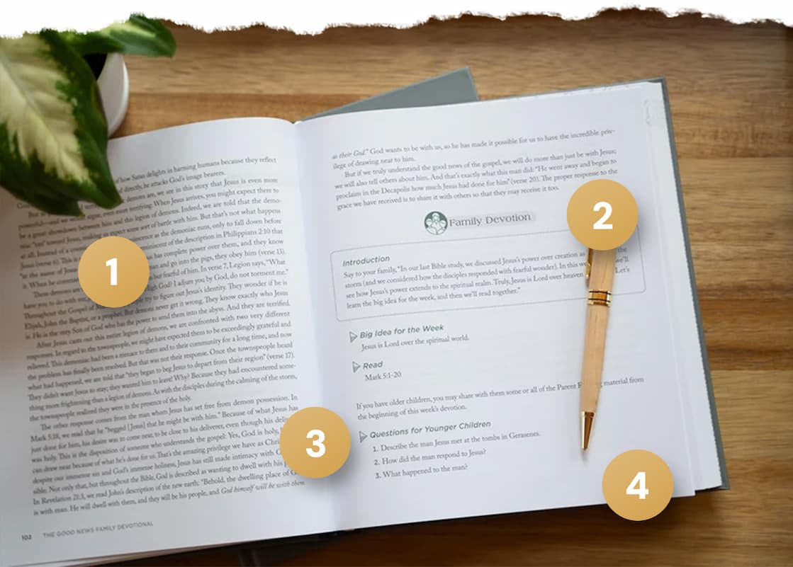 Lead Your Family Through the Gospel of Mark  If you are like most parents, you may struggle to find the time to read the Bible for yourself, much less the time to instruct and train your children. That's exactly why Michael and Melissa Kruger wrote The Good News Family Devotional.