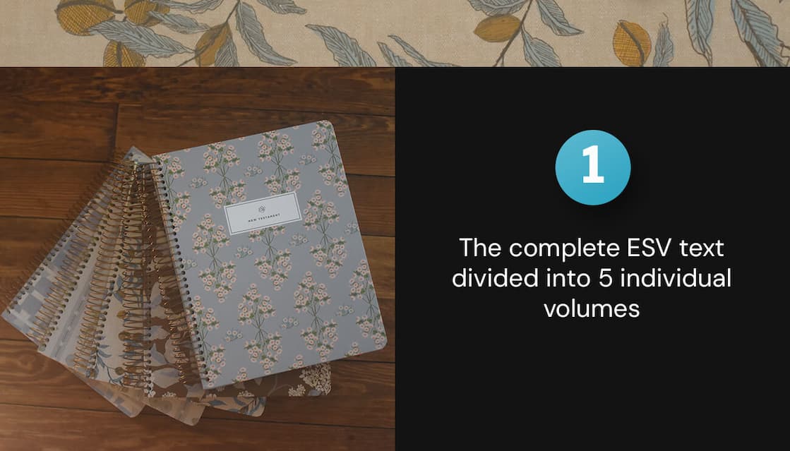 A Spiral-Bound Bible Set, Crafted for Comfortable Study and Note Taking The ESV Spiral-Bound Journaling Bible, Five-Volume Set was created from the ground up to facilitate in-depth note taking. Divided into 5 individual volumes--Pentateuch; Historical Books; Poetry; Prophets; and New Testament--this set features the complete ESV Bible text in an inviting, easy-to-read layout with generous space for notes. The spiral-bound format lays flat for comfortable reading and writing. Designed to encourage deeper interaction with Scripture, this journaling edition is ideal for recording prayers and reflections.