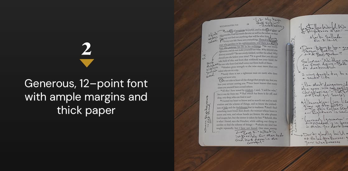 Capture and preserve your personal study notes with the ESV Scripture Journals. Each of the 45 volumes contains the complete ESV text with wide, lined margins and blank pages for notes, prayers, and reflections. Printed on premium paper and available in a variety of beautifully designed editions, these journals are perfect for recording sermon insights, memorization work, or a lifetime of study. Over time, your set will become a personalized, verse-by-verse commentary to deepen your love for and understanding of God’s Word.
