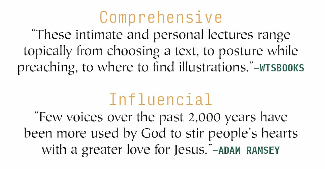A warm, conversational approach to kindling the hearts of young ministers toward preaching and shepherding. Spurgeon’s topics ranged from choosing a text, to posture while preaching, to where to find illustrations. Self-depreciating and often comic, these intimate lectures bear the marks of a faithful heart and intelligent mind bent on teaching the same characteristics to his successors.