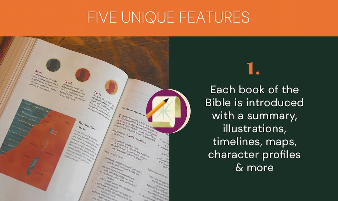 Illustrated ESV Bible Filled with Fun Resources to Help Children Learn and Apply God's Word When children are ready for a Bible of their own, choose one that captures their attention and helps them understand God's plan of redemption. ESV The Biggest Story Holy Bible for Kids is perfect for ages 6-12. Each book of the Bible opens with a colorful 3-page introduction that includes a summary, timeline, information about the author, character profiles, and more. Near the end of every chapter, "Digging Deeper" sections recap the passage and prompt kids to "Learn, Reflect, Discover, and Pray" about what they've just read.