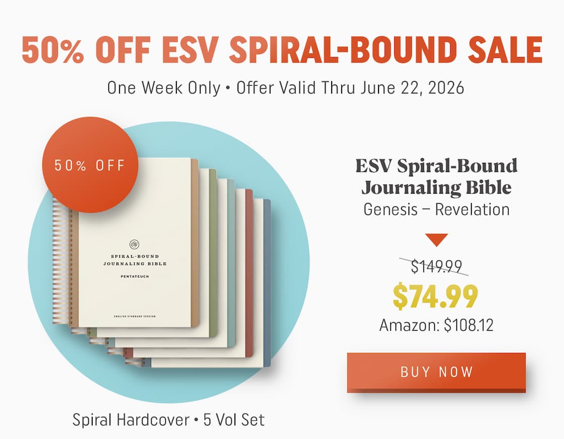 A Spiral-Bound Bible Set, Crafted for Comfortable Study and Note Taking  The ESV Spiral-Bound Journaling Bible, Five-Volume Set was created from the ground up to facilitate in-depth note taking. Divided into 5 individual volumes--Pentateuch; Historical Books; Poetry; Prophets; and New Testament--this set features the complete ESV Bible text in an inviting, easy-to-read layout with generous space for notes. The spiral-bound format lays flat for comfortable reading and writing. Designed to encourage deeper interaction with Scripture, this journaling edition is ideal for recording prayers and reflections.