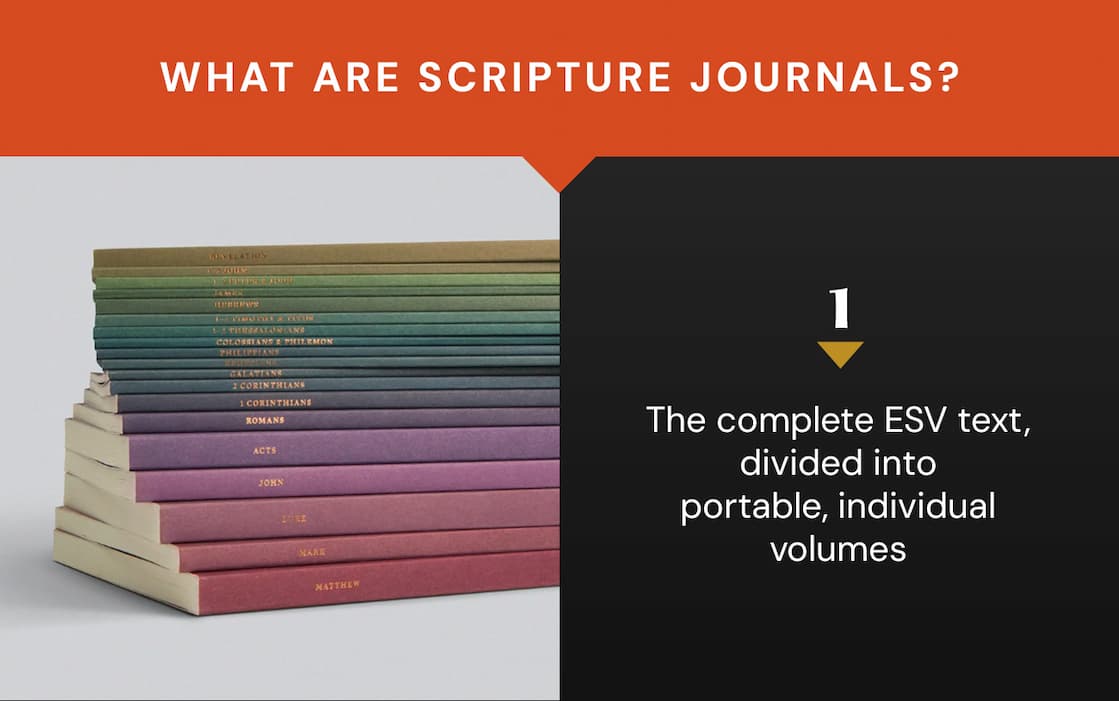 Capture and preserve your personal study notes with the ESV Scripture Journals. Each of the 45 volumes contains the complete ESV text with wide, lined margins and blank pages for notes, prayers, and reflections. Printed on premium paper and available in a variety of beautifully designed editions, these journals are perfect for recording sermon insights, memorization work, or a lifetime of study. Over time, your set will become a personalized, verse-by-verse commentary to deepen your love for and understanding of God’s Word.