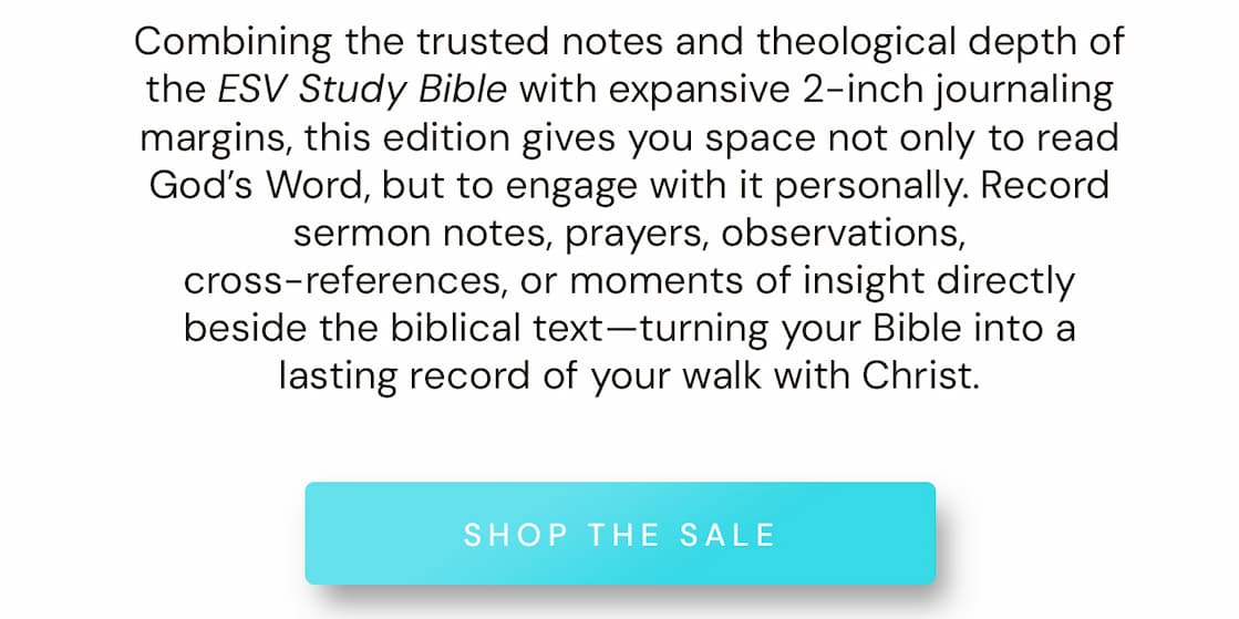The best study Bibles help you understand Scripture. The best journaling Bibles help you interact with it.The ESV Journaling Study Bible does both.  Combining the trusted notes and theological depth of the ESV Study Bible with expansive 2-inch journaling margins, this edition gives you space not only to read God’s Word, but to engage with it personally. Record sermon notes, prayers, observations, cross-references, or moments of insight directly beside the biblical text—turning your Bible into a lasting record of your walk with Christ.