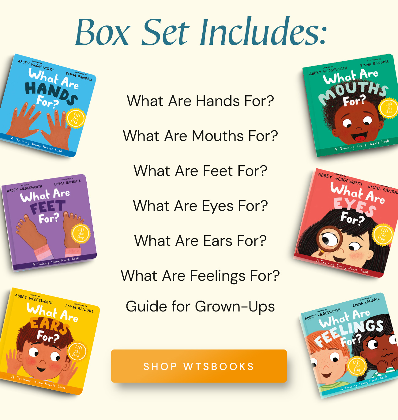 This collection of fun lift-the-flap board books for small children addresses the attitudes of the heart that underpin behavior and explains how the gospel of grace enables us to change. These helpful and engaging training tools will help you not only to guide your kids in positive behavior but also teach them about God's amazing grace! The beautiful box set contains... What Are Hands For? What Are Mouths For? What Are Feet For? What Are Eyes For? What Are Ears For? What Are Feelings For? A guide for parents is also included to help them think through how to refer back to these resources when specific behaviors need both to be corrected and to be connected to forgiveness, grace and growth. Gift this colorful, eye-catching and practical box set at baby showers, child dedications and first birthday parties, or get it for your own children's bookshelf.