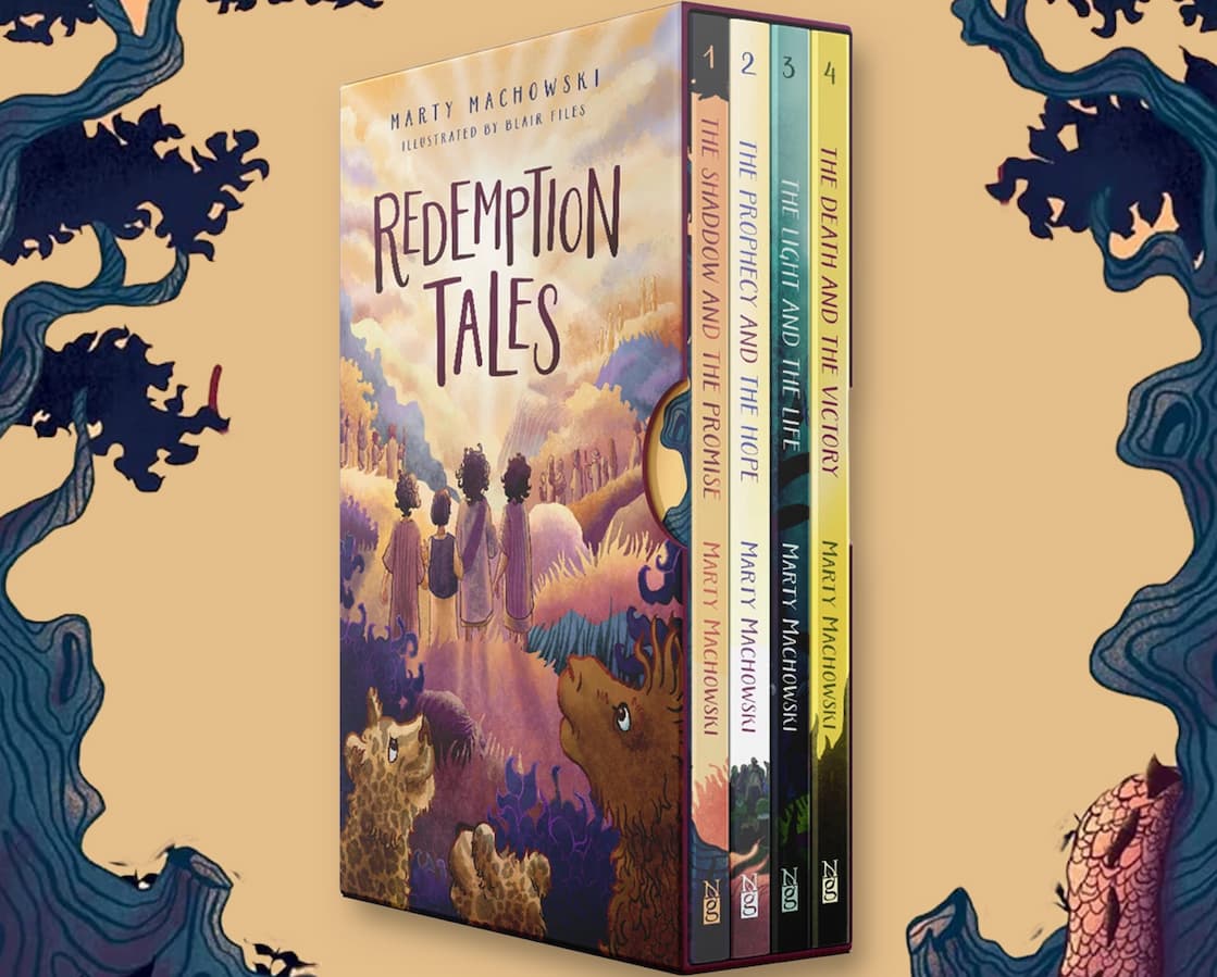 The Redemption Tales series by best-selling children's author Marty Machowski offers a creative presentation of the gospel message by inviting middle-grade readers (ages 8-12) to join the fictional animals who could have witnessed the biggest events of the Bible throughout the Old and New Testaments.  Each book in this four-volume set includes seven stories for a total of twenty-eight retellings from Genesis to Revelation. This set includes The Shadow and the Promise (Book 1), The Prophecy and the Hope (Book 2), The Light and the Life (Book 3), and The Death and the Victory (Book 4).  Each chapter includes Bible study questions that help kids engage with the "truth behind the tales," while offering a fresh perspective on God's overarching story of redemption throughout Scripture. Accompanied by illustrations from Blair Files, the series invites readers to see familiar biblical events in a new and imaginative way.
