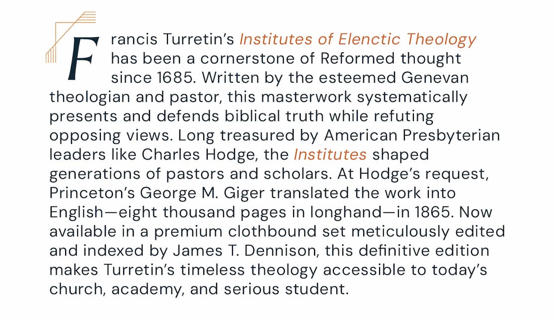 Genevan theologian (1623–87) contrasts a comprehensive Reformed theology with conflicting perspectives—affirming and demonstrating the truth by refuting false doctrine. Set Features This is the only English translation of Francis Turretin's Institutio Theologiae Elencticae. Edited by James T. Dennison Jr. and translated by George Musgrave Giger. New edition features a brown linen hardcover with gold foil and a satin ribbon bookmark. New edition retains the same interior design and pagination. American Protestantism, especially Presbyterianism, owes much to Turretin's influence in that Charles Hodge and Robert L. Dabney assigned the Institutes to their students. It was at Hodge's request that Princeton's George M. Giger produced an English translation, which amounted to eight thousand handwritten pages. Now, more than a century later, James T. Dennison has undertaken the monumental task of editing, documenting, and indexing that translation of Turretin's timeless classic for the benefit of readers today.