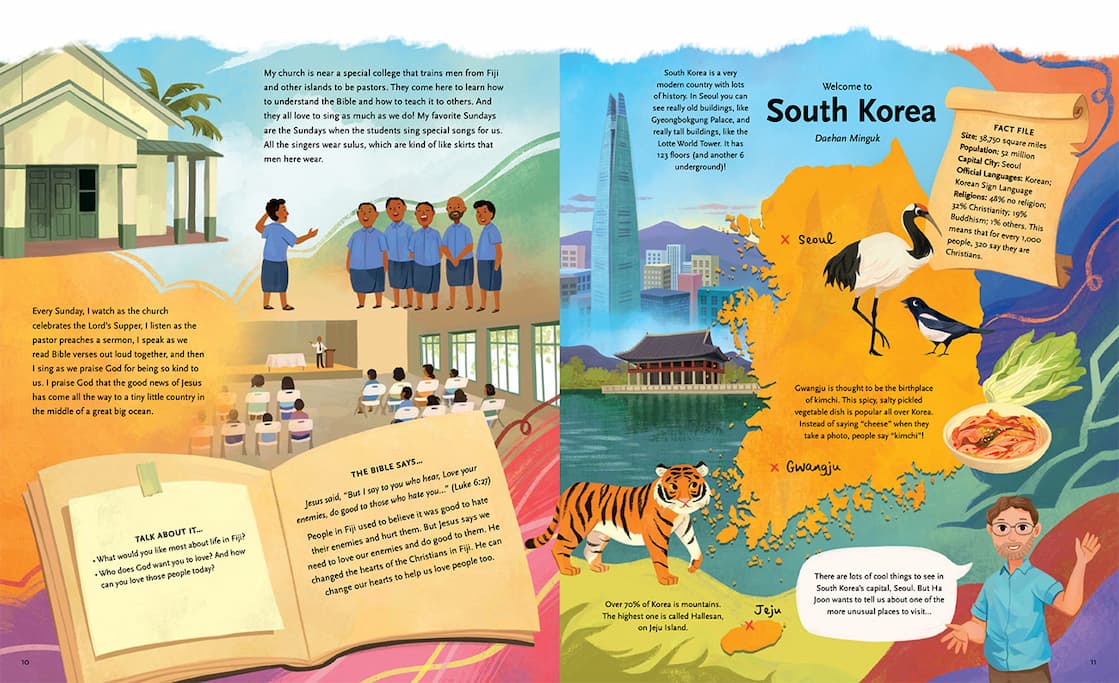 Drawing on his travels and conversations with believers around the world, Tim Challies  helps children see the breathtaking scope of Christ's church through the eyes of Christian kids from ten different countries. Along the way, they'll discover that while languages, customs, and daily life may differ, God's people everywhere gather to worship the same Savior.   Equal parts adventure, discipleship, and world exploration, this is a delightful way to cultivate a bigger vision of the church and a deeper appreciation for God's work around the world.