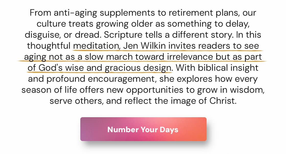 From anti-aging supplements to retirement plans, our culture treats growing older as something to delay, disguise, or dread. Scripture tells a different story. In this thoughtful meditation, Jen Wilkin invites readers to see aging not as a slow march toward irrelevance but as part of God's wise and gracious design. With biblical insight and profound encouragement, she explores how every season of life offers new opportunities to grow in wisdom, serve others, and reflect the image of Christ.