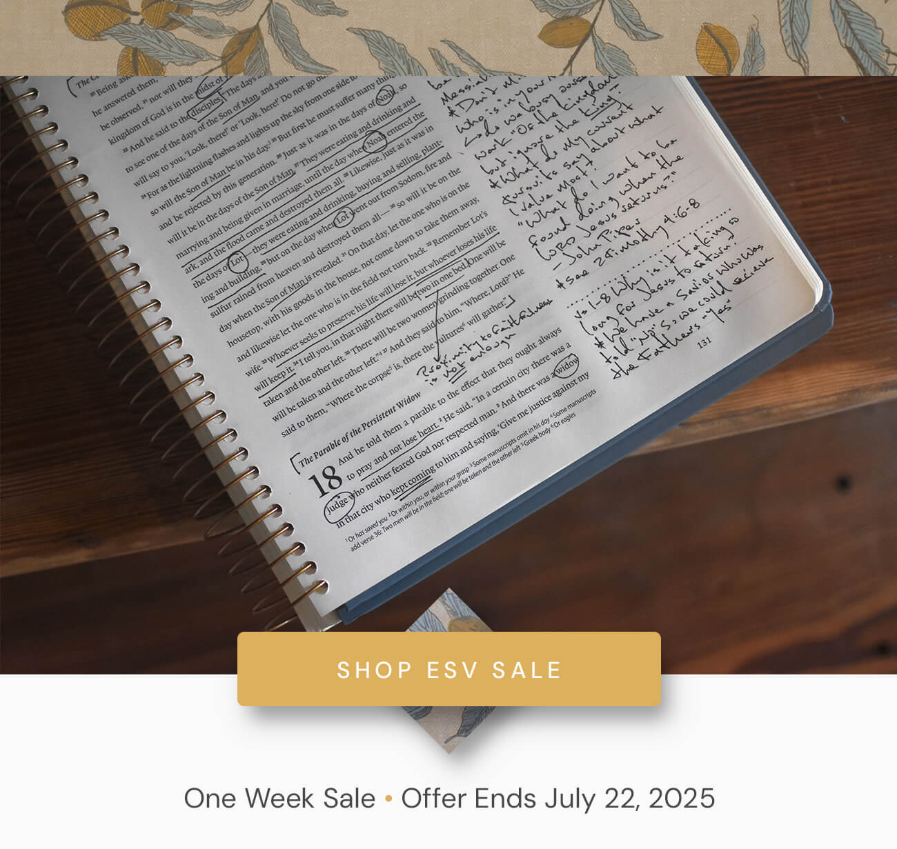 A Spiral-Bound Bible Set, Crafted for Comfortable Study and Note Taking The ESV Spiral-Bound Journaling Bible, Five-Volume Set was created from the ground up to facilitate in-depth note taking. Divided into 5 individual volumes--Pentateuch; Historical Books; Poetry; Prophets; and New Testament--this set features the complete ESV Bible text in an inviting, easy-to-read layout with generous space for notes. The spiral-bound format lays flat for comfortable reading and writing. Designed to encourage deeper interaction with Scripture, this journaling edition is ideal for recording prayers and reflections.