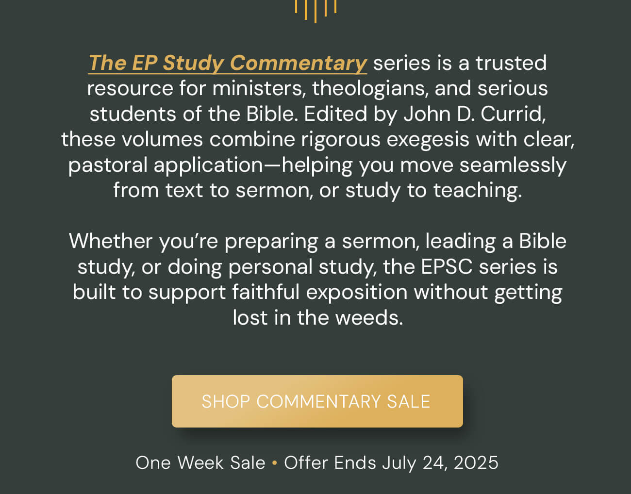 The EP Study Commentary series is designed for ministers, theologians and serious students of the Bible. With John D. Currid as the series editor, EPSCs balance biblical scholarism with straightforward application, making them the ideal companion for pastors and Bible teachers.