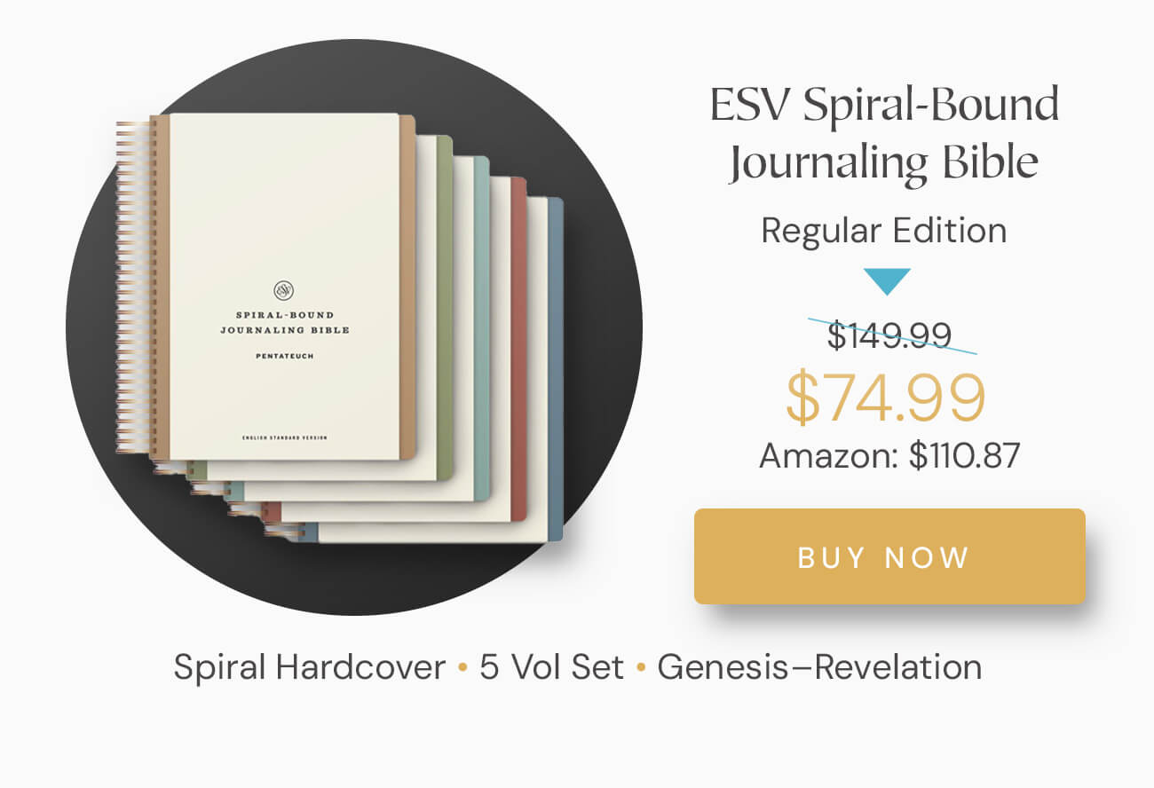 A Spiral-Bound Bible Set, Crafted for Comfortable Study and Note Taking The ESV Spiral-Bound Journaling Bible, Five-Volume Set was created from the ground up to facilitate in-depth note taking. Divided into 5 individual volumes--Pentateuch; Historical Books; Poetry; Prophets; and New Testament--this set features the complete ESV Bible text in an inviting, easy-to-read layout with generous space for notes. The spiral-bound format lays flat for comfortable reading and writing. Designed to encourage deeper interaction with Scripture, this journaling edition is ideal for recording prayers and reflections.