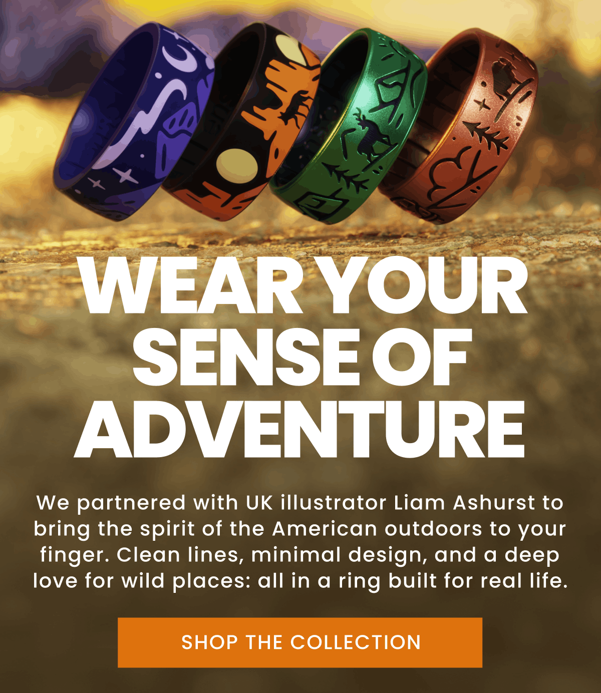 Wear Your Sense of Adventure | We partnered with UK illustrator Liam Ashurst to bring the spirit of the American outdoors to your finger. Clean lines, minimal design, and a deep love for wild places: all in a ring built for real life. | Shop The Collection