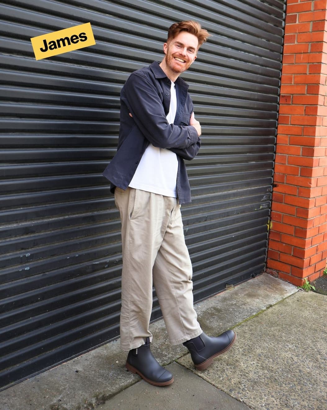 James wears Charcoal Bobbi Boots