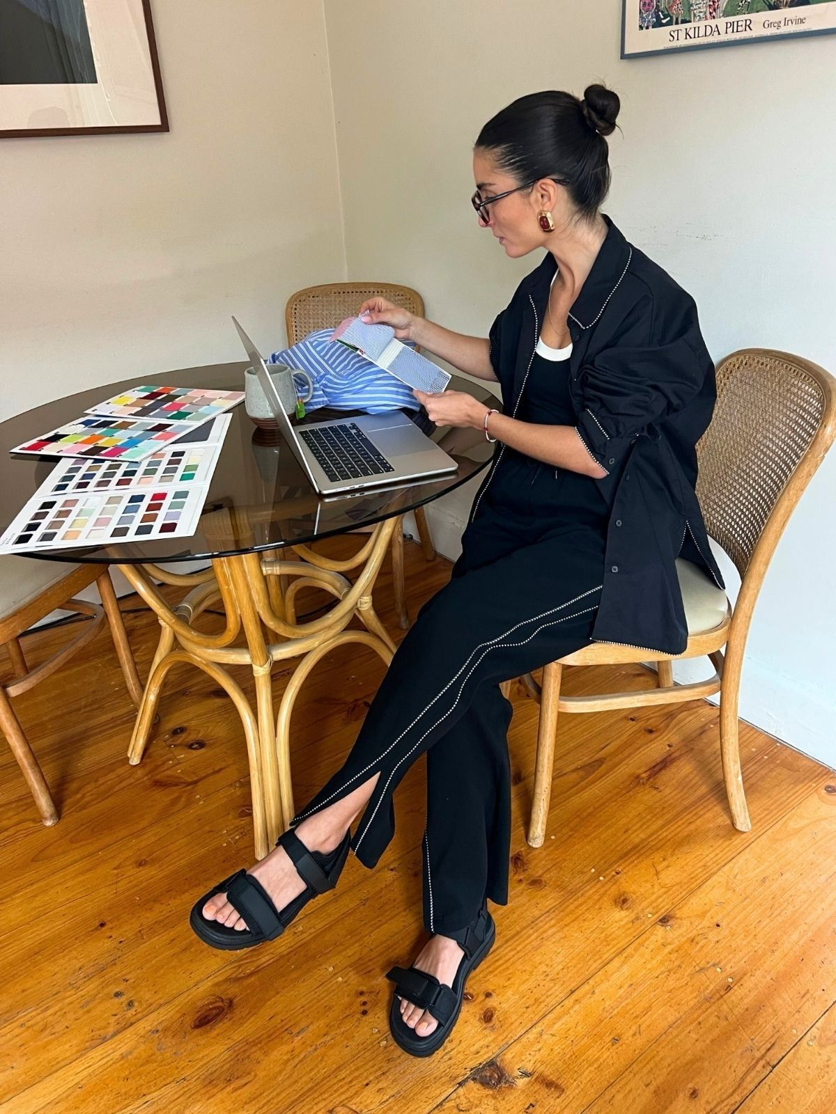 Jazz wears Black Lochie Sandal