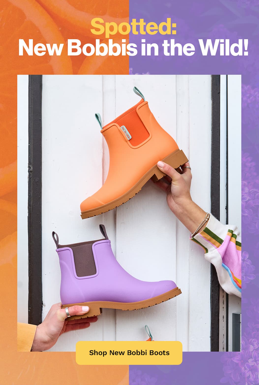 an image of a woman holding a pair of boots in front of a door