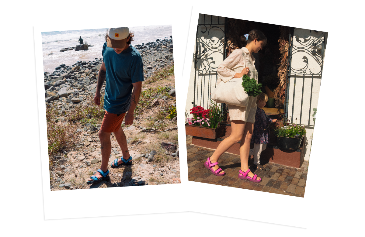 @kins.creative wears Ocean Evergreen & Mixed Berry Lochie Sandals